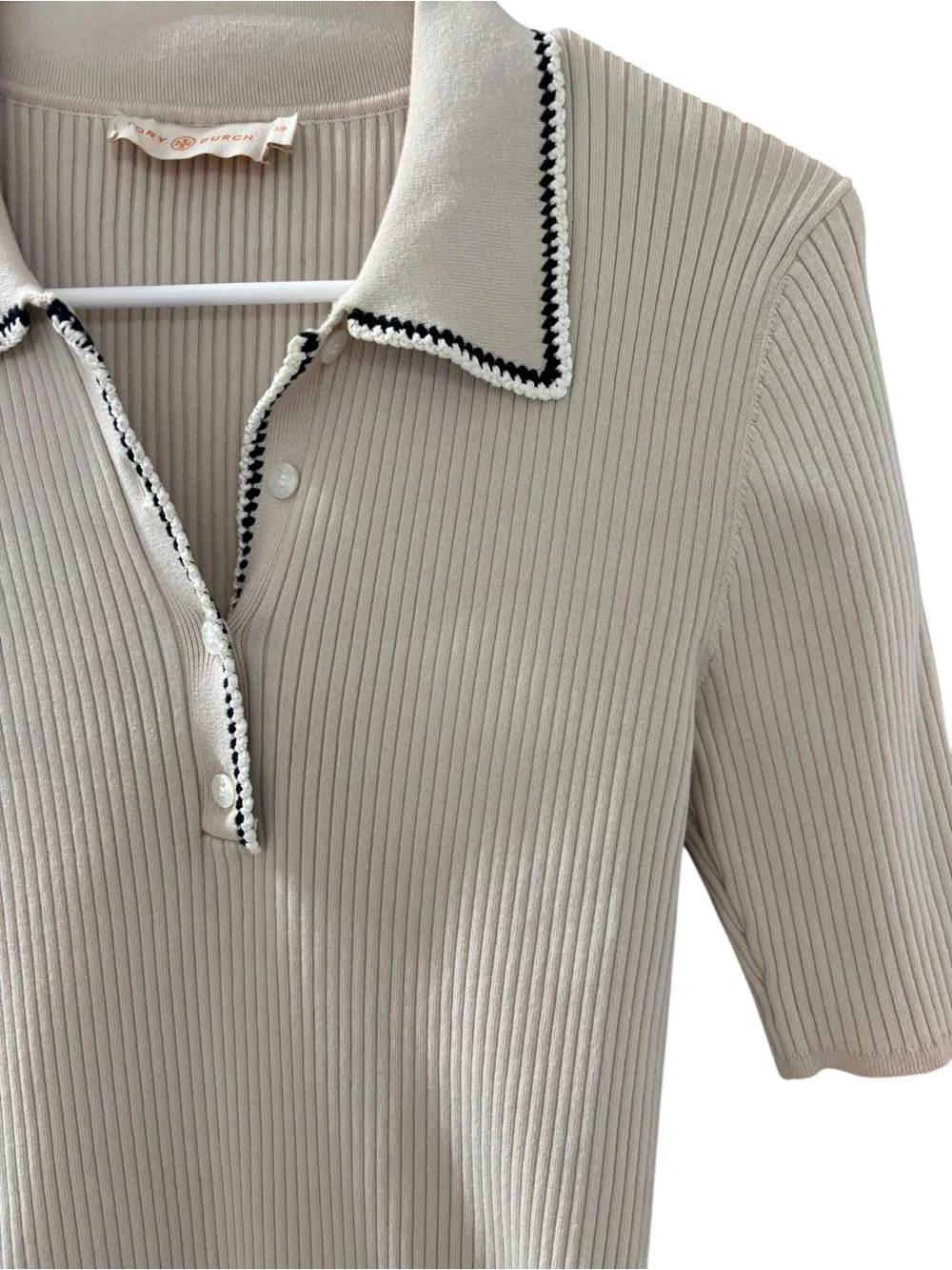 Tory Burch Women's Mila Ribbed Knit Cream & Black Contrasting Trim Collar Sz S/P